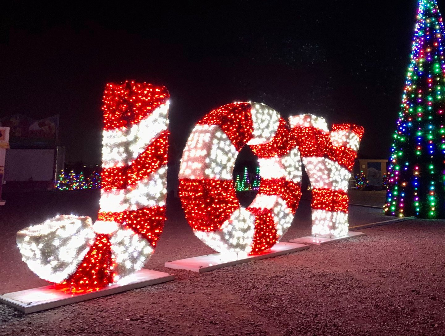 "Joy" sign in red and white lights at night, next to a colorful lit tree.