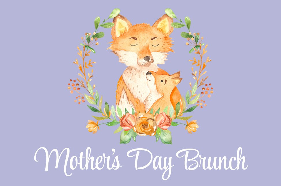 Fox and cub surrounded by floral wreath on lavender background.