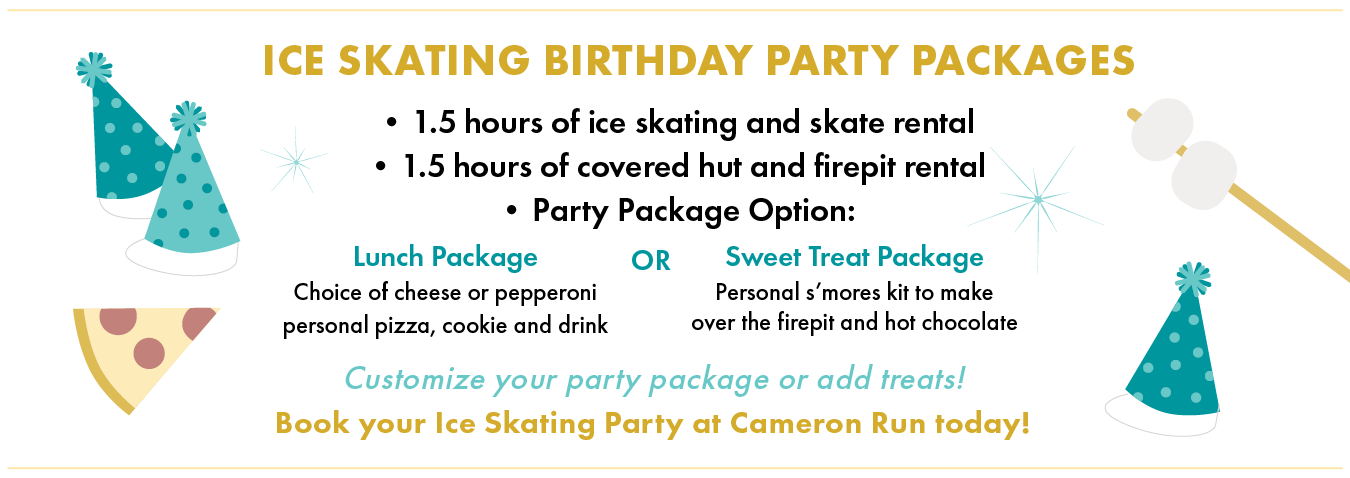Ice skating party package details with party hats and a pizza slice graphic.