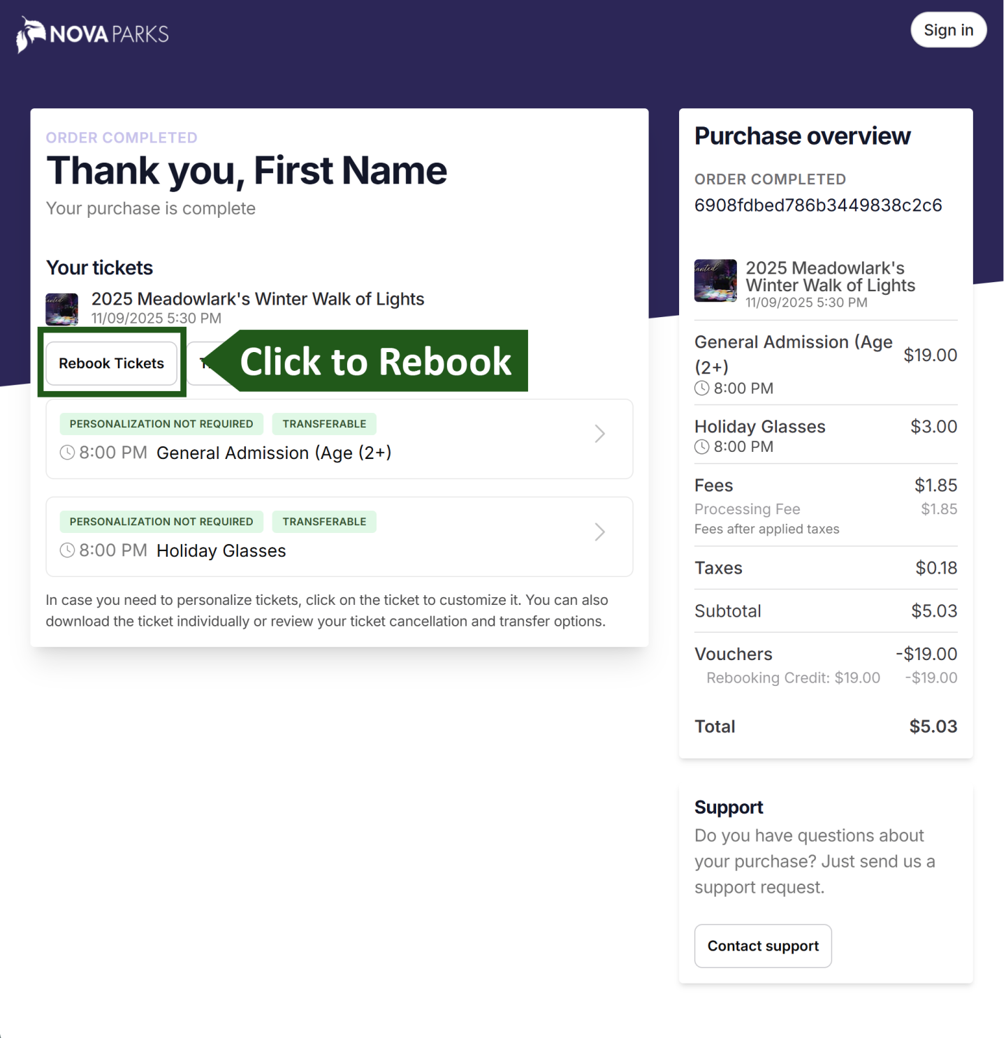 Order confirmation page with purchase details and total cost.