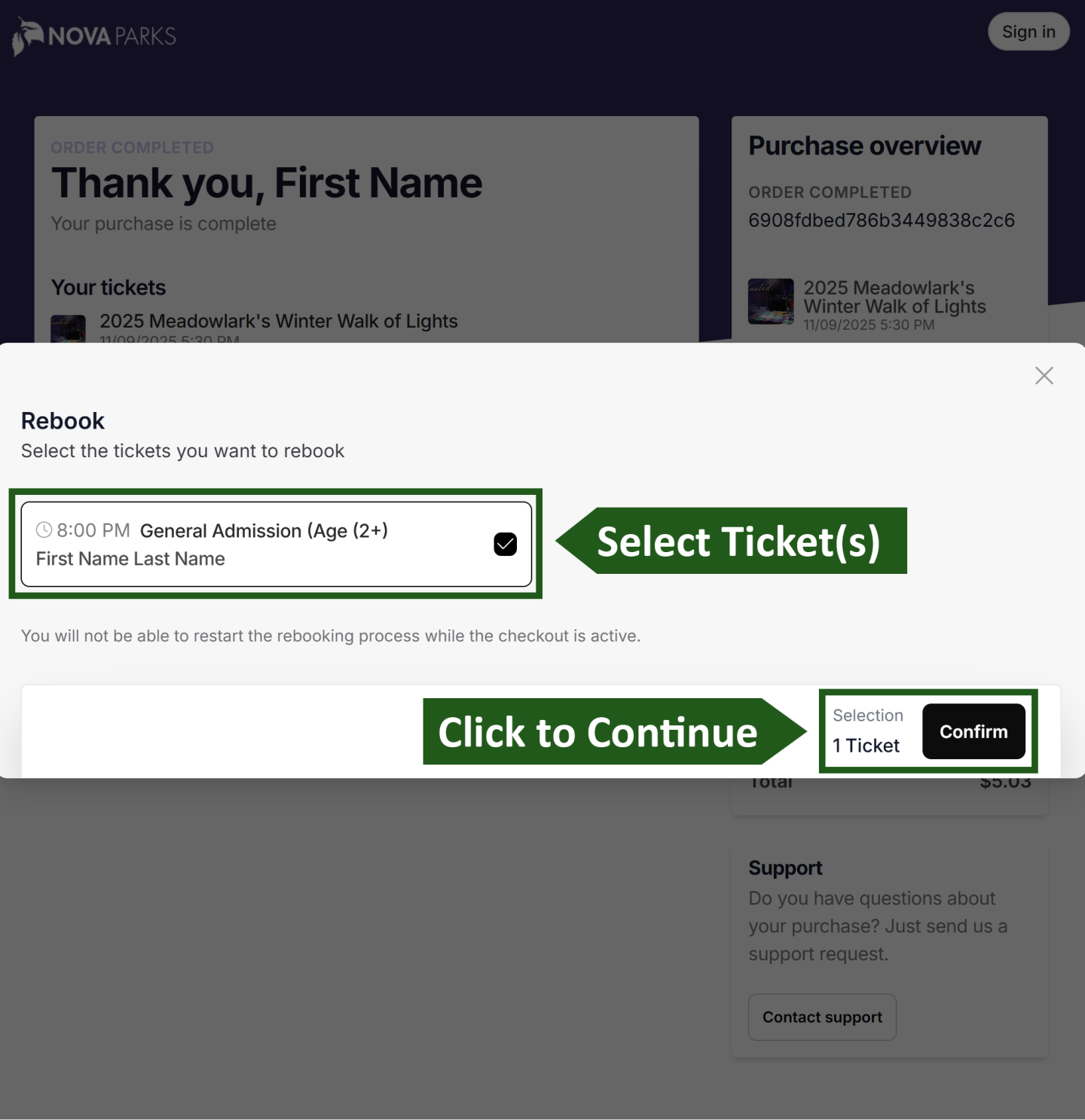 Ticket selection interface with options and confirm button.