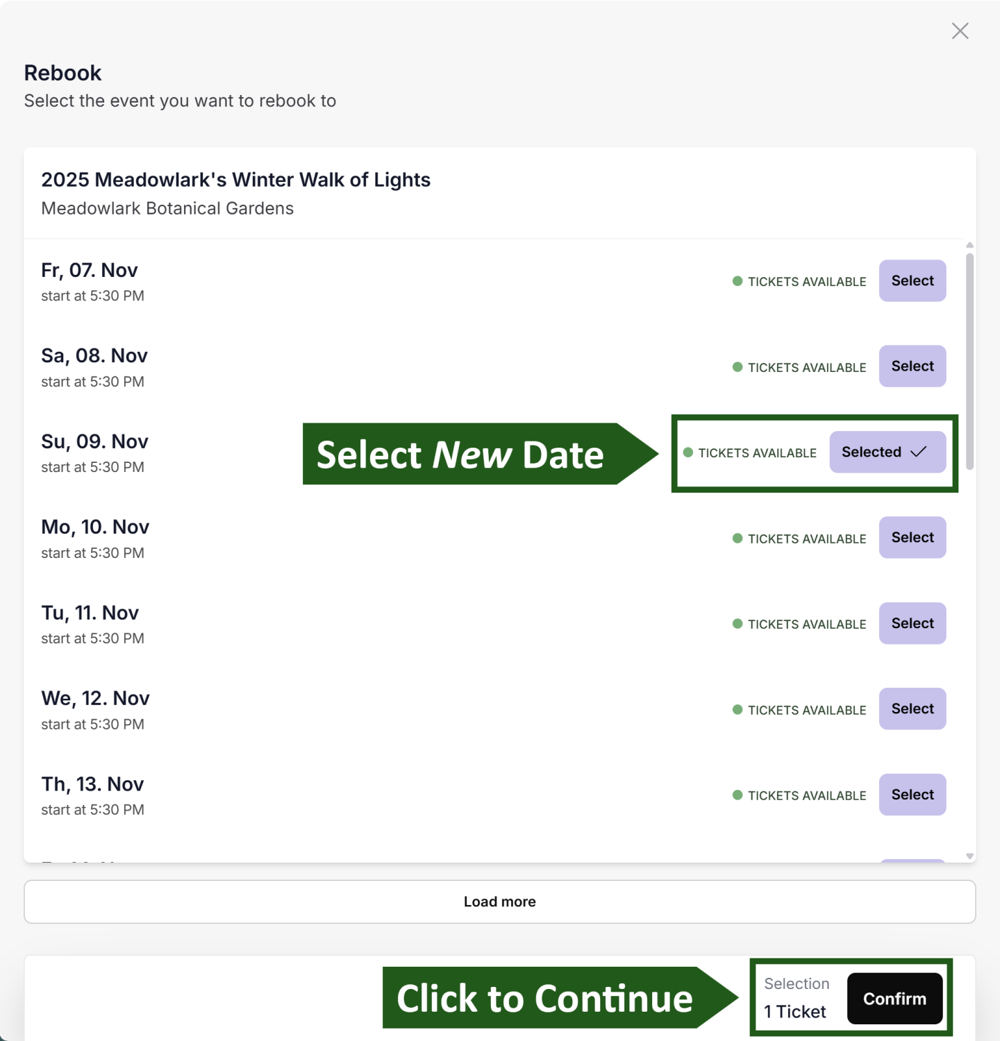 Booking interface for selecting event dates and continuing.