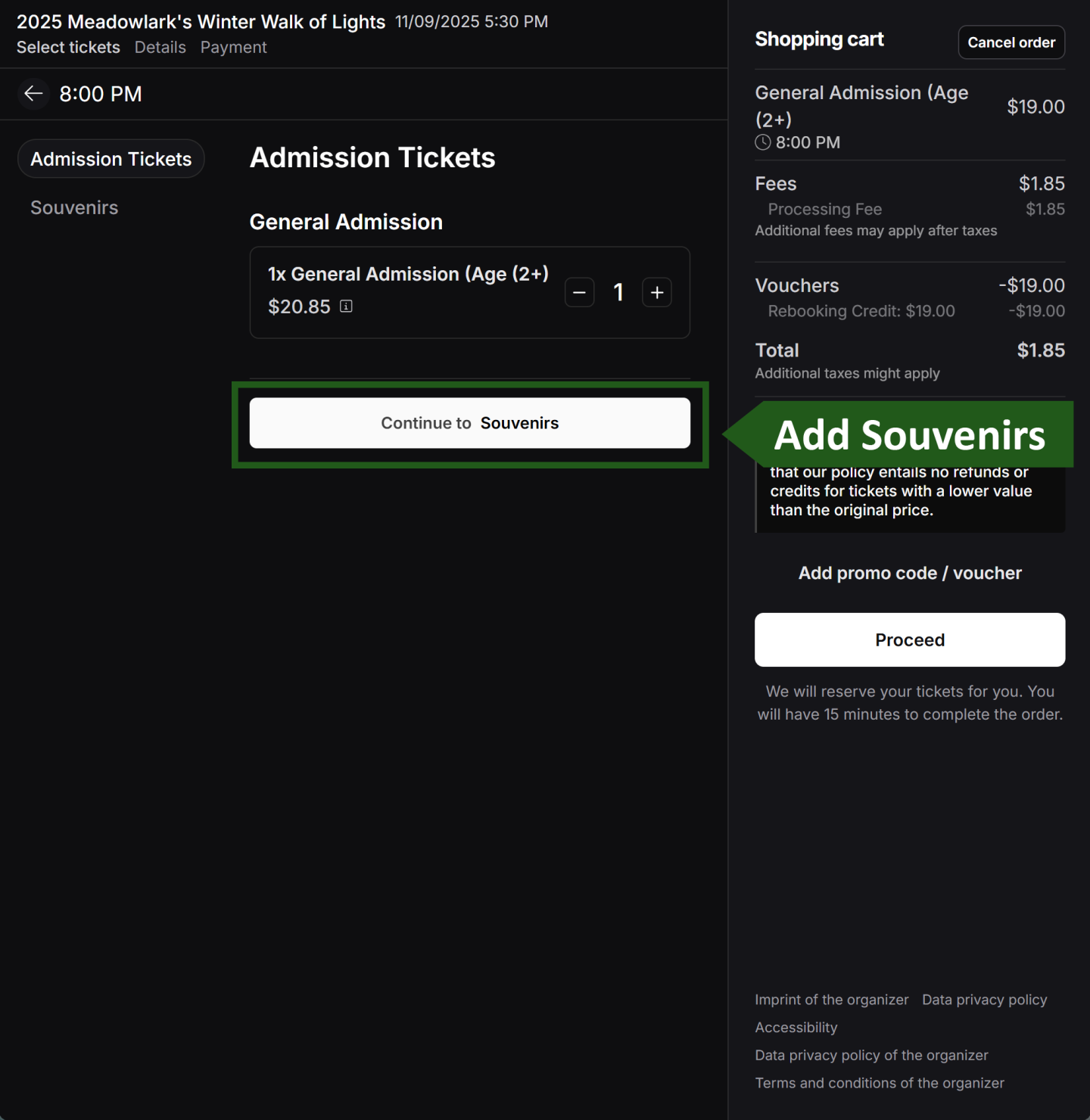 Ticket purchase page with item selection and checkout options.