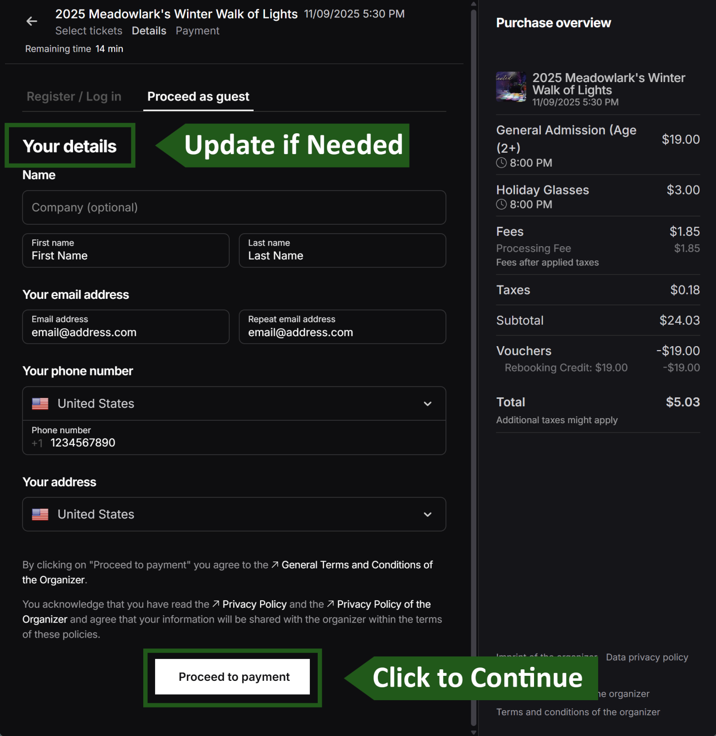 Online form for ticket purchase with fields for personal details.